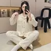 Pijama de Algodón Nube para Mujer, Primavera y Otoño, con Almohadillas en el Pecho, Cárdigan de Encaje, Mangas Largas, Lindo Conjunto de Ropa de Casa con Dibujos de Niñas