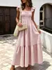 Vestido largo a cuadros para mujer, cuello cuadrado, manga acampanada, cintura ceñida, dobladillo amplio, estilo vacacional, vestido maxi playero