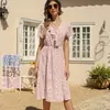 Falda de playa de manga corta de verano europea y americana transfronteriza vestido de cintura estampado de leopardo vestido de gasa en stock femenino