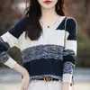 Moda Primavera y Otoño Transfronteriza Bloque de Color Cuello en V Algodón Puro Tejido Estilo Coreano Manga Larga Holgado Casual Suéter Top Elegante