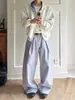 Pantalones de Pierna Ancha Plisados de Línea A con Rayas Azul Claro Estilo Americano para Hombre, Sueltos y Versátiles para Uso Casual Diario, Pantalones Cleanfit