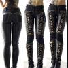Comércio exterior transfronteiriço punk rock imitação de couro leggings lápis leggings com pulseira da sorte calças femininas calças de couro moda