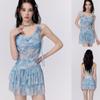 [Princesa a la Fuga] Traje de Baño de Mujer Dividido de Dos Piezas Hada Abanico Sexy Aguas Termales Falda Traje de Baño de Tirantes con Flores Tridimensionales