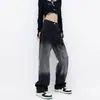 Calça Jeans Reta de Cor Gradiente em Tencel com Modelagem Pera para Mulheres Plus Size mm Gordas Cintura Alta Cobrindo o Virilha Comprimento Total Perna Larga