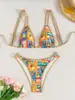 Estilo retro, nueva colección de comercio exterior: Bikini estampado de frutas con doble tirante fino y ribete a rayas, perfecto para vacaciones en la playa