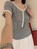 Diseño Chic, Camiseta de Punto de Manga Corta Estilo Pequeño y Fragante para Mujer en Verano, Estilo Pura Pasión, Corte Ajustado, Top Corto Tendencia Ins