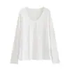 Camiseta de Algodón Puro con Cuello en V y Mangas Largas para Mujer, Diseño Único, Primavera y Otoño, Camisa Base de Color Sólido, Top Versátil Holgado y Adelgazante