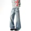 Jeans retro americanos desgastados lavados para hombre, pantalones holgados rectos de pierna ancha, diseño moderno con ligero acampanado y corte hasta el suelo