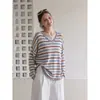 Suéter de punto a rayas con cuello en V y manga larga estilo coreano para mujer, nuevo diseño de otoño e invierno, corte holgado, adecuado para usar en capas o como prenda exterior.