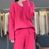 Novo Suéter de Malha Grossa Puro Lã Outono e Inverno com Fenda Lateral Cor Sólida Calça Longa de Cintura Alta com Gola Sete Pontos e Barra Dobrada