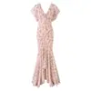 Ropa europea y americana para mujer transfronteriza, popular en AliExpress, estampado floral de rosas, escote en V profundo, dobladillo irregular, vestido largo de sirena