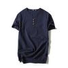 Camiseta fina de algodão e linho para verão, masculina, manga curta, decote em V com botão, cor sólida, base de algodão e linho para homens jovens