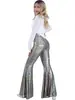 Pantalones Acampanados con Lentejuelas Láser Iridiscentes, Pantalones de Campana de Cintura Alta Estilo Disco Retro, Pantalones Largos para Actuación en Escenario