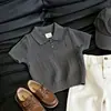 Ropa Infantil Estilo Coreano 2026 Verano Nuevo Elegante Cuello Polo Bordado Amarillo Tejido de Punto Manga Corta Casual Pantalones Rectos