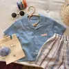Conjunto de Camisa de Algodón y Lino de Manga Corta para Niños Conjunto de Dos Piezas con Shorts Rayados Ropa Casual de Verano para Bebé