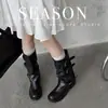 Botas de Montar con Hebilla de Cinturón Apilada para Mujer Otoño e Invierno, Botas de Montar de Caña Media con Tacón Grueso, Botas Western de Cowboy Slip-On Versátiles Adelgazantes para Mujer