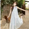 Vestido Largo Hada Costera Temporada de Viento Vestido de Tirantes Verano para Mujer Cuello Halter Temperamento Vestido de Playa Estilo Suave Vacaciones Rosa