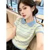 Camiseta de punto de manga corta con cuello de solapa a rayas de bloques de color estilo coreano para mujer, nueva y chic, ajuste ceñido, verano 2026