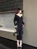 Vestido de tricô para o ano todo feminino primavera e outono novo estilo justo saia longa acinturada saia de temperamento feminino outono e inverno rosa
