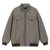 Chaqueta a cuadros vintage americana para hombre, textura de punto grueso, cuello alto, bolsillos grandes con cremallera, estilo chaqueta casual