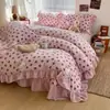 Conjunto de quatro peças de colcha de cama estilo princesa coreana com renda e veludo de leite, capa de edredom grossa e quente de inverno, conjunto de veludo coral