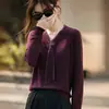 Suéter de Punto Fino de Lana con Cinta y Pedrería, Nuevo Estilo Otoño 2026, Suéter Pulóver Elegante de Cuello en V, Versión Coreana de Manga Larga para Mujer