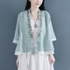 Novo vestido de chá retrô estilo chinês feminino de algodão e linho, camisa de frente aberta com carcela diagonal e fechamento de três botões, manga média, design falso de duas peças