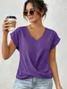 Camiseta casual de estilo transfronterizo para mujer, con cuello en V, diseño retorcido, manga corta con hombros enrollados, color liso, dobladillo suelto y diseño cruzado.