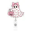 Corbata de moño de Halloween, fantasma pequeño, lengüeta de tirar, calabaza colorida, clip retráctil para insignia, insignia de identificación de enfermera, etiqueta de nombre, tarjeta de identificación