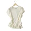 Top de punto de seda helada con cuello redondo y manga corta para mujer, colección de verano 2026, delgado y elegante con bordado calado