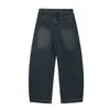 Jia Yi Ku 2026 Estilo Americano High Street Ro Jeans de Sarja Lavada Desgastada Desfiada Calças de Perna Larga Soltas Falsas de Duas Peças Curvas