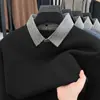 Suéter grueso de imitación de dos piezas con forro polar para hombre, tejido base casual cálido de invierno con cuello vuelto, suéter base para hombre