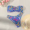 Bikini Bandeau de Estilo Nuevo Europeo y Americano con Pliegues Florales Sin Tirantes con Corte y Amarre Traje de Baño de Dos Piezas