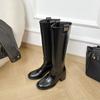 Botas Largas para Mujer 2025 Nuevo Estilo Botas por Encima de la Rodilla Botas de Motociclista para Montar Botas Altas de Tacón Grueso Botas Altas de Cuero para Mujer Punta Redonda