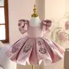 Vestido Rosa Infantil Francês Bufante Manga Curta Doce e Fofo Vestido de Aniversário Novo Estilo Vestido de Performance