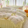 Novo Estilo Fresco e Simples Gaze Enrugada Acolchoado Dois em Um Saia de Cama Ajustada Conjunto de Quatro Peças
