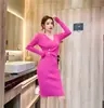 Vestido de Punto para Mujer, Nuevo Estilo Primavera y Otoño 2026, Cuello en V, Corte Ajustado, Ceñido a la Cintura, Favorecedor, Bodycon, Estilo Elegante de Socialité, Vestido Básico