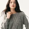 Suéter de Cachemira de Color Sólido para Mujer Cuello Redondo Tejido de Trenza 3D Suéter Grueso Holgado Estilo Perezoso Capa Base de Lana