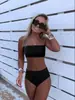 Biquíni Costurado de Cor Sólida Europeu e Americano Transfronteiriço para Mulheres Costas com Amarração Bandeau Peça Dupla Calcinha de Cintura Alta Triângulo