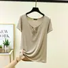 Nova camiseta de verão com renda e cadarço, manga curta, para mulheres, fina, estilosa, versátil, modeladora, plus size
