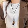 Collar Trenzado de Cuerda con Perlas de Piedra Natural para Mujer, Cadena para Clavícula de Piedra Ojo de Tigre Estilo Chino Nuevo Vintage, Accesorio Largo Colgante para el Cuello con Manchas