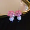 2026 Pendientes de Perla Rosa Brillantes con Diamantes, Diseño Nuevo de Copo de Nieve, Pendientes Elegantes y con Estilo, Accesorios para Orejas Dulces de Celebridad de Internet