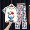 Comercio Exterior Pijamas Infantiles Primavera y Verano Manga Corta Pantalones Trajes para Niños Dibujos Animados Lindo Stitch Ropa de Casa para Niñas Ola