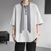 Camiseta Britânico-Coreana com Laço de Manga Curta para Homens, Tendência de Verão Tamanho Grande Caimento Solto para Pessoas Altas e Fortes, Top de Meia-Manga Nicho