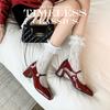 Zapatos Mary Jane de Tacón Grueso Estilo Francés Nuevos Otoño 2025 para Mujer, Zapatos de Tacón Alto Rojos de Piel con Correa Única y Boca Baja