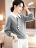 Sentido del Diseño Hermoso Invierno Interior Engrosado Nuevo Chino Gris Suéter Base de Cachemira para Mujer Top Falso de Dos Piezas