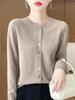100 Cardigan de Lã Pura Mulheres Outono e Inverno Novo Decote Redondo Manga Comprida Suéter de Malha Solto Zero Cashmere Sweater Top Coat