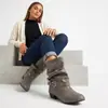 Botas de caballero de color liso con tacón cuadrado de altura media para otoño e invierno, botas de cuero de caña media con punta redonda, ligeras, suela de goma antideslizante, botas para mujer de talla grande