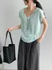 Então O Ar Condicionado Portátil Tencel Falso Duas Peças Manga Curta Emagrecedor Feminino Estilo Coreano Decote V Bloco de Cores Patchwork Camiseta N8726