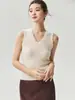 Estilo elegante y refinado~Suéter de punto 100% cachemira pura Cony para mujer, con borde de encaje ondulado, cuello en V y diseño de chaleco superpuesto